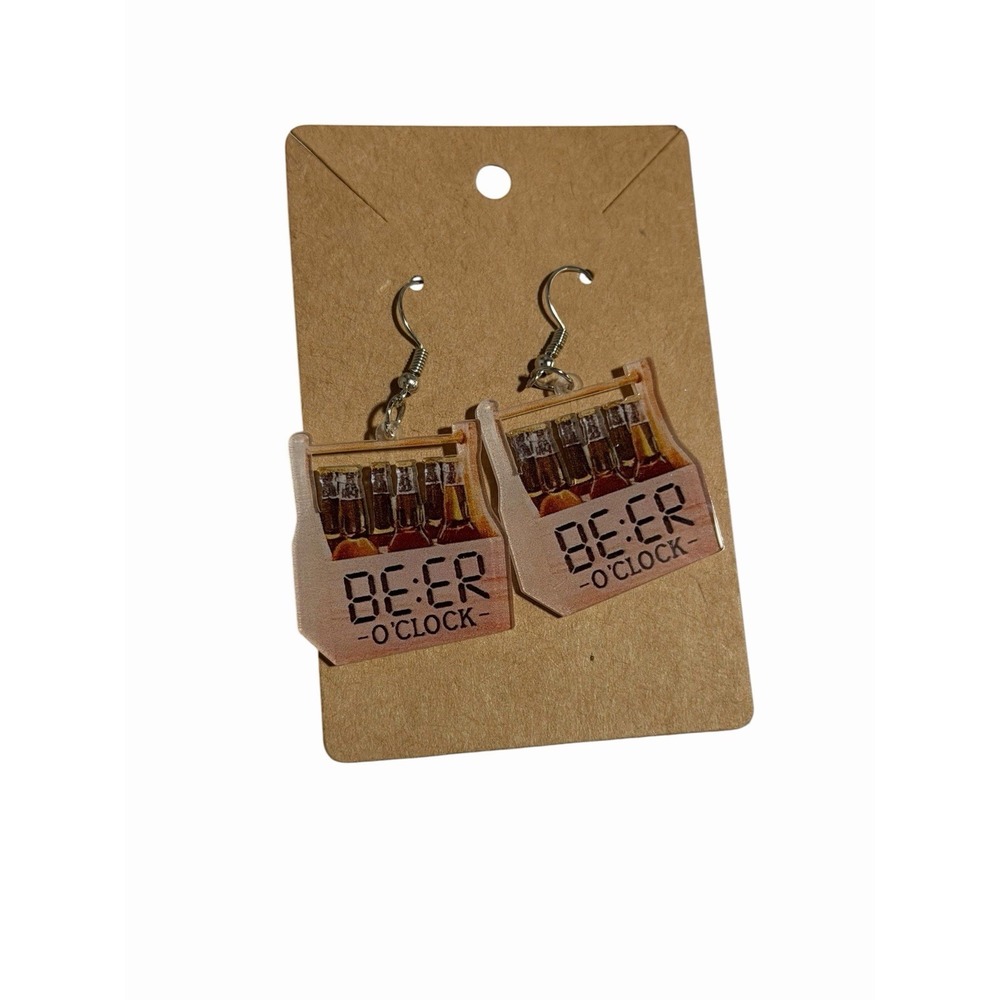 Beer O Clock Acrylic Drop Earrings Novelty Six Pack Beer Bottle Jewelry Brown